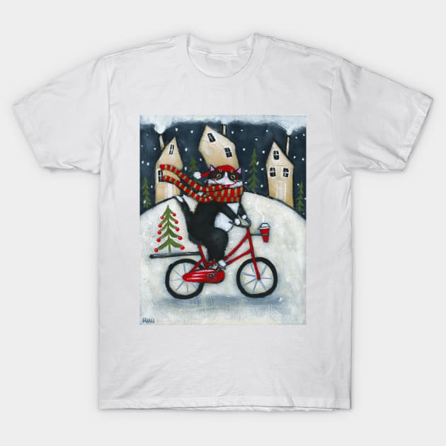 Tuxie Wintery Bicycle Ride T-Shirt by KilkennyCat Art